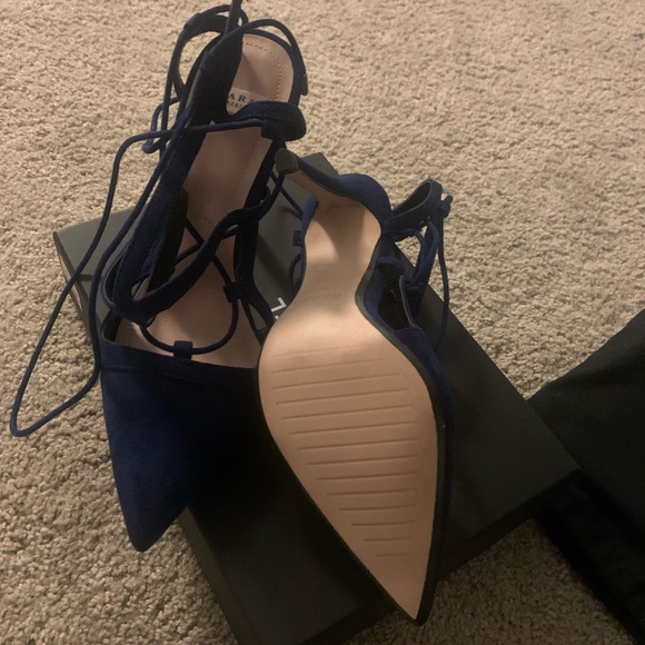 Zara Blue Suede Pointy Toe Laced Heels 38 - Picture 4 of 6